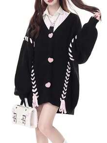 系带落肩开衫、长袖上衣 - 黑色 - 查看 5