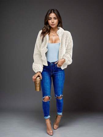 Giacca in pile reversibile con chiusura lampo e colletto minimalista, adatta per la primavera e l'autunno