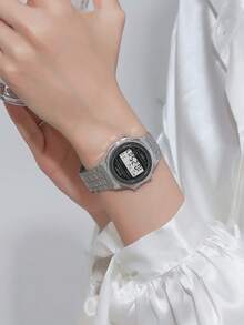 1pc Elegant High-Quality LED Minimalist Steel Band Electronic Watch, Suitable For Birthday Gift, Halloween Gift Special Offer (Teenager) - Silver - View 3