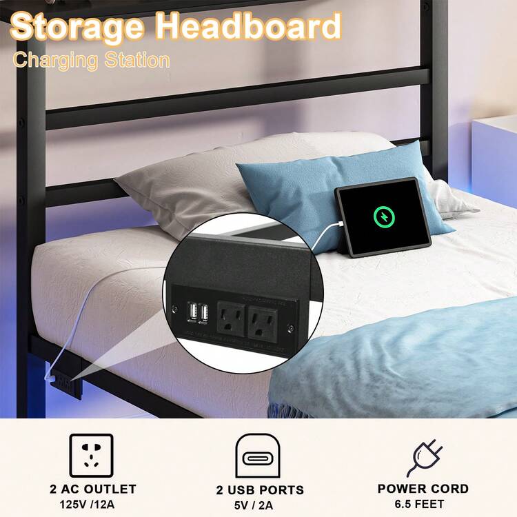 Twin Bed Frame With LED Light Headboard, Metal Platform Bed With Storage Headboard, Twin Size LED Bed Frame With Power Strip,  Heavy Duty Metal Slats, No Box Spring Needed, Black - Black - View 4