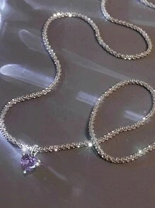 1 peça Moda Minimalista Luxo Brilhante Clavícula Corrente, Iridescente Roxo Coração Zircônia Pingente Colar Dia dos Namorados, Mãe, Mãe, Dia das Mães, Presente