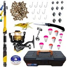 Kit Pesca Vara + Molinete Ultra Light + Maleta + Acessórios como isca camarão, boias, chumbadas, anzol, sino, canivete, ração e linha