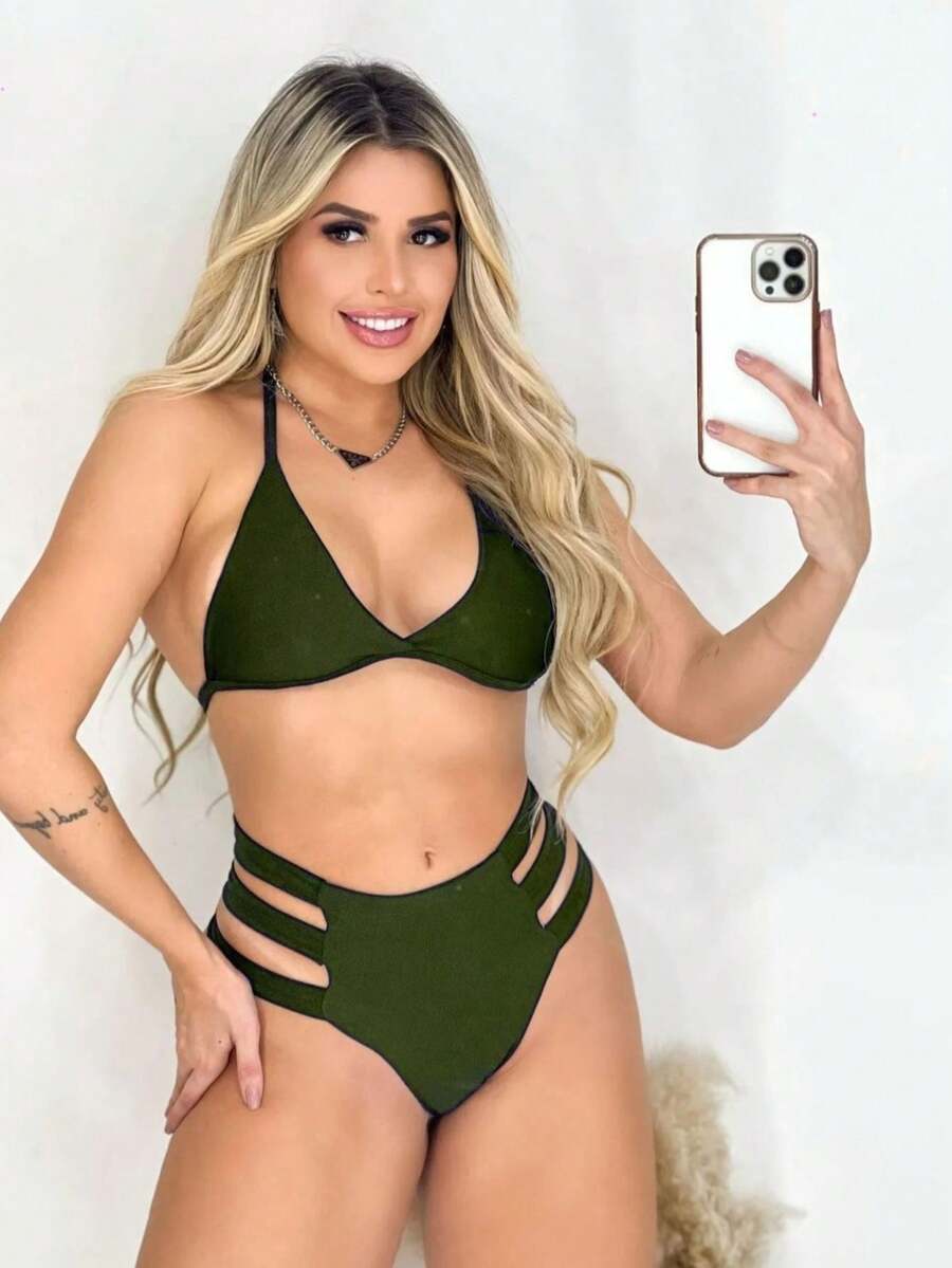 Bikini Set With 3 Straps, High Waist, Double Lining - Army Green - View 1