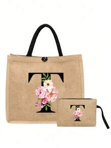 两件套，包含一个粉色花朵黑色字母亚麻手提包（可定制姓名首字母）和一个配套小包，简约优雅，可作为伴娘婚礼礼物、化妆包或旅行收纳包。 - 卡其色 - 查看 19