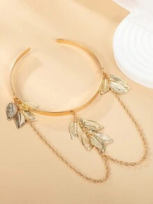 1 món trang sức đeo tay cho nữ đơn giản phong cách đường phố hở lưng vòng tay vàng 24K với tua rua lá hoa, mặt dây chuyền dạng xích, hoàn hảo cho cô dâu bãi biển, đám cưới, quà tặng đính hôn - Vàng - Xem 3