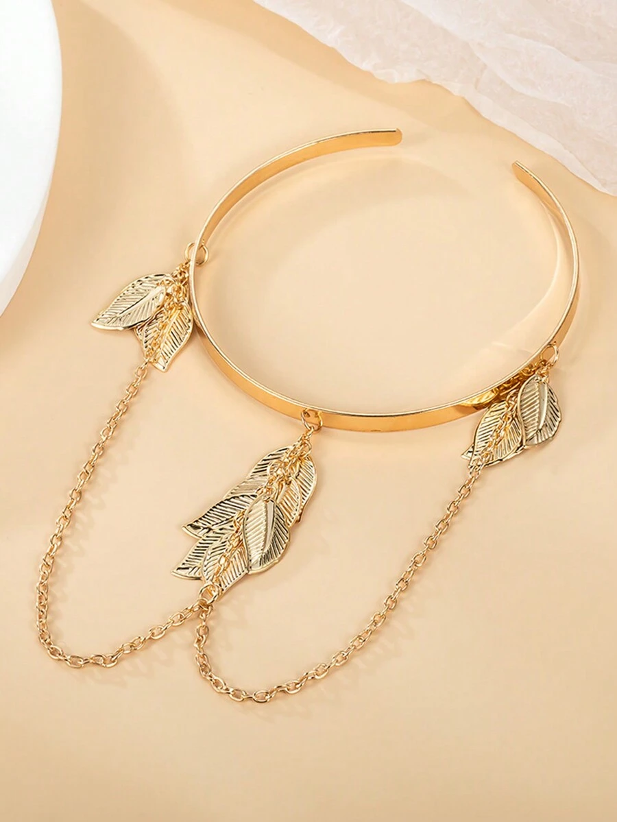 1 món trang sức đeo tay cho nữ đơn giản phong cách đường phố hở lưng vòng tay vàng 24K với tua rua lá hoa, mặt dây chuyền dạng xích, hoàn hảo cho cô dâu bãi biển, đám cưới, quà tặng đính hôn - Vàng - Xem 1