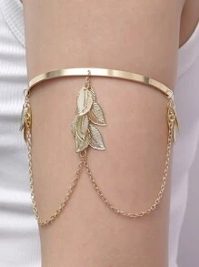 1 món trang sức đeo tay cho nữ đơn giản phong cách đường phố hở lưng vòng tay vàng 24K với tua rua lá hoa, mặt dây chuyền dạng xích, hoàn hảo cho cô dâu bãi biển, đám cưới, quà tặng đính hôn - Vàng - Xem 2