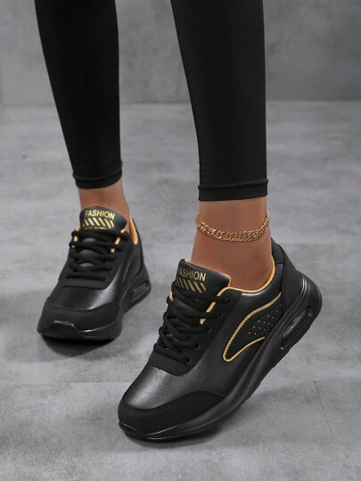 Sneaker da donna Scarpe da corsa con cuscinetto d'aria Scarpe da tennis leggere Scarpe da passeggio in pelle nera traspiranti Scarpe da ginnastica moda e comfort casual