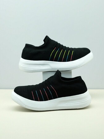 女士黑白厚底运动鞋，一脚蹬运动休闲气垫减震跑鞋，轻便舞蹈运动鞋