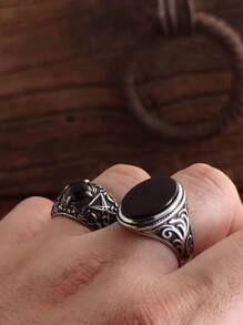 Anel de pedra preta plana com padrão floral esculpido retrô vintage para homens, decoração de videira rústica da moda, acessório de moda exclusivo