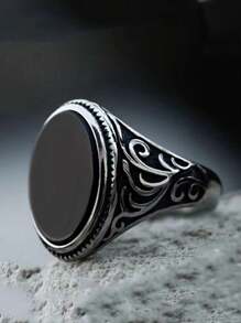 Anel de pedra preta plana com padrão floral esculpido retrô vintage para homens, decoração de videira rústica da moda, acessório de moda exclusivo