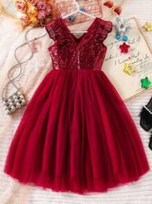 Tween Girl Elegant V-Neck Sequins Ruffle Splice Mesh Wedding Party Bridesmaid Flower Girl Dress - Red - View 3