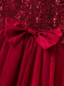 Tween Girl Elegant V-Neck Sequins Ruffle Splice Mesh Wedding Party Bridesmaid Flower Girl Dress - Red - View 6