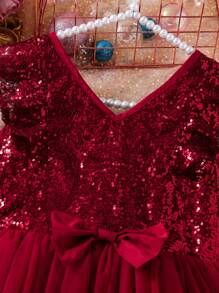 Tween Girl Elegant V-Neck Sequins Ruffle Splice Mesh Wedding Party Bridesmaid Flower Girl Dress - Red - View 4