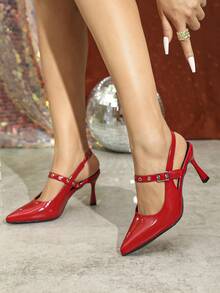 Women's Pointed Toe Red High Heel Shoes - Red - View 3