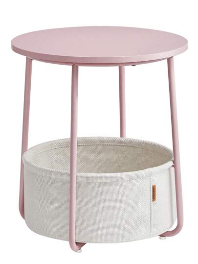  VASAGLE Mesa Auxiliar, Mesa Lateral Redonda con Cesta de Tela, Mesita de Noche, Estilo Moderno, Rosa Pastel y Blanco Nube