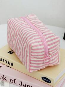 1PC Túi đựng đồ trang điểm chần bông sọc hồng đẹp, Túi đựng đồ trang điểm họa tiết sọc hai màu cổ điển, Vải lót kẻ caro màu hồng, Túi đựng đồ trang điểm du lịch thời trang xách tay, Đa chức năng, Túi đựng mỹ phẩm đơn giản, Túi đựng đồ dung tích lớn, Thích hợp đựng ví, Son môi, Băng vệ sinh, Chìa khóa, v.v., Túi đựng đồ vệ sinh dễ thương, Túi đựng đồ du lịch, Thích hợp cho phụ nữ, trẻ em gái, học sinh, Quà tặng - Bụi hồng - Xem 2