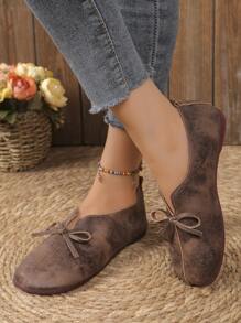 Women's Casual Solid Color Soft Bottom Round Toe Ballet Flats With Bow Decor, Slip-On Fashion Loafers Valentines