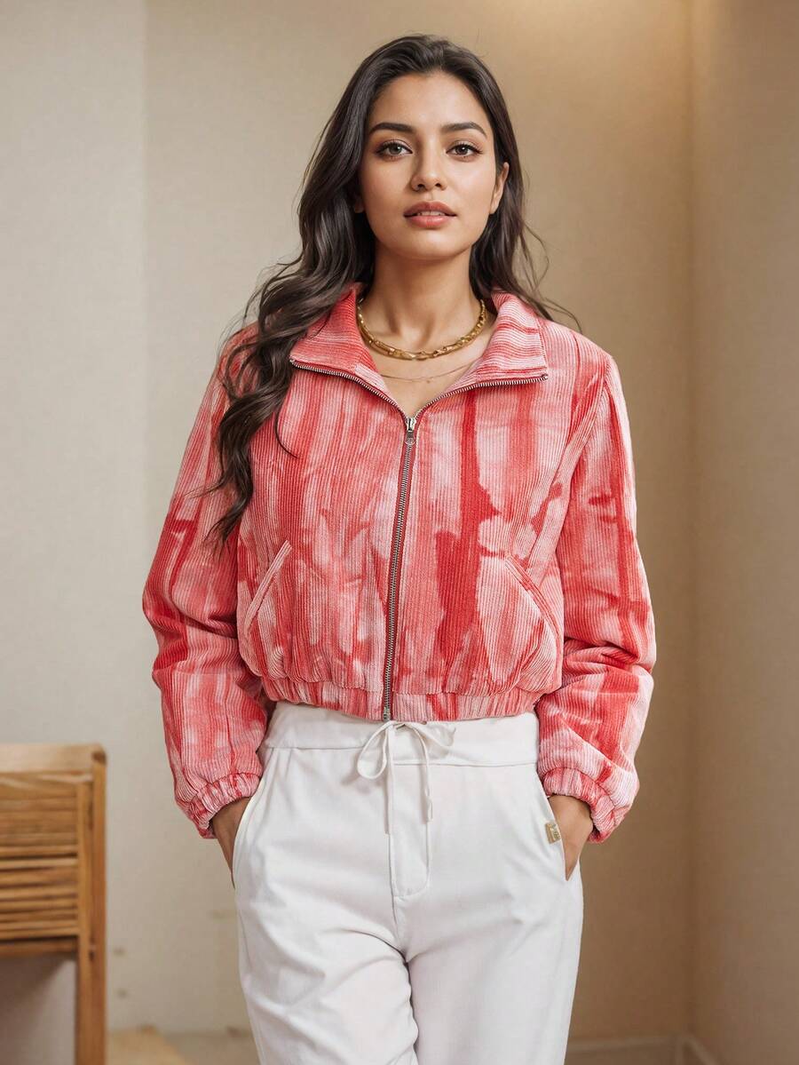 1 件休闲扎染短款夹棉大衣，秋冬 - 粉色 - 查看 1