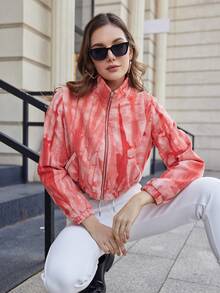 1 件休闲扎染短款夹棉大衣，秋冬 - 粉色 - 查看 5