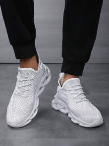 男士时尚编织鞋底运动鞋，舒适轻便系带跑鞋，透气网眼 - 白色 - 查看 2