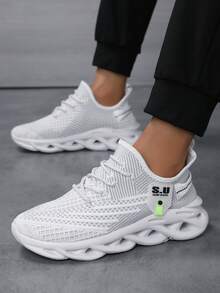 男士时尚编织鞋底运动鞋，舒适轻便系带跑鞋，透气网眼 - 白色 - 查看 1