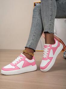 Zapatos de patineta para mujer con cordones de encaje rosa en la parte delantera, de corte bajo, clásicos de otoño e invierno. Zapatillas informales multifuncionales, transpirables, antideslizantes, de suela gruesa, apropiadas para uso diario, fiestas, regalos de vacaciones y obsequios para estudiantes