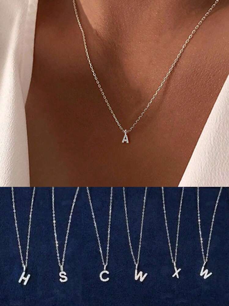 Collar de plata de ley 925 con 26 letras de la A a la Z, regalo de uso diario para novias, mujeres y niñas - Plateado - Añade 1