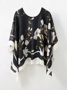 1 件女士沙滩配饰夏季印花蝙蝠袖上衣雪纺斗篷休闲宽松透明衬衫搭配花卉印花真丝围巾波西米亚风沙滩罩衫配饰女士 - 彩色 - 查看 17