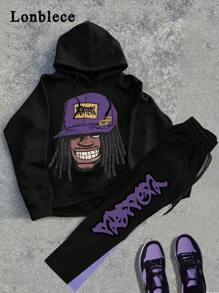 Lonblece 2 件男士时尚涂鸦卡通人物印花连帽运动衫和喇叭裤套装 - 黑色 - 查看 1