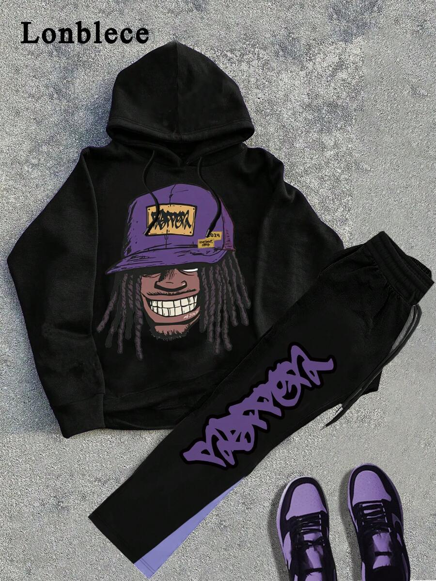 Lonblece 2 件男士时尚涂鸦卡通人物印花连帽运动衫和喇叭裤套装 - 黑色 - 查看 1