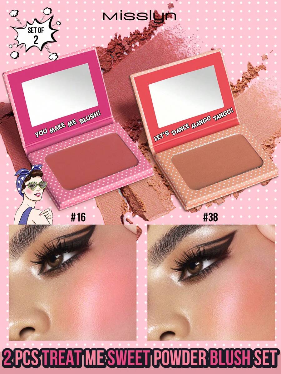 Misslyn Set 2pcs Treat Me Sweet Powder Blush. Treat Me Sweet Powder Blush, dengan tekstur bedak yang lembut, tersedia dalam hasil akhir matte atau pearl, mencerahkan warna kulit, dilengkapi dengan cermin terintegrasi, menciptakan kilau matte alami, dan warna tahan lama.