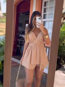 Women's Short Jumpsuit With Neckline And Tie-Up Candy Colors - 米色 - 查看 3