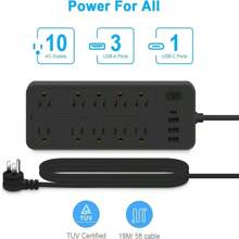 14-In-1 Power Strips With Surge Protection 1700J, 10 Outlets With 4 USB Ports (1 USB C) Long Extension Cord With Multiple Outlets 16Awg 1625W/13A Flat Plug Power Strip Protector Black And White - trắng - Xem 2