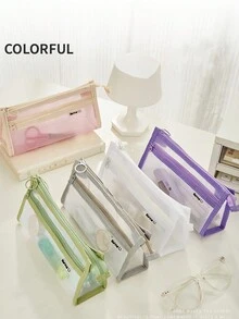 1pc Transparent Double-Layer Mesh Pencil Case, Ins Japanese Style Large Capacity Stationery Organizer Pen Box For School Students - Multicolor - View 1
