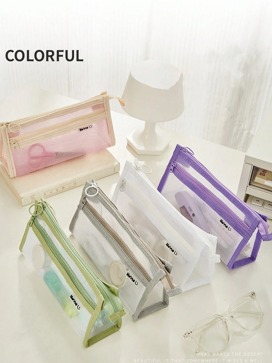 1pc Transparent Double-Layer Mesh Pencil Case, Ins Japanese Style Large Capacity Stationery Organizer Pen Box For School Students - Multicolor - View 1
