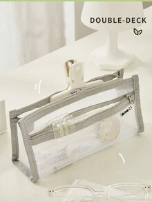 1pc Transparent Double-Layer Mesh Pencil Case, Ins Japanese Style Large Capacity Stationery Organizer Pen Box For School Students - Multicolor - View 2