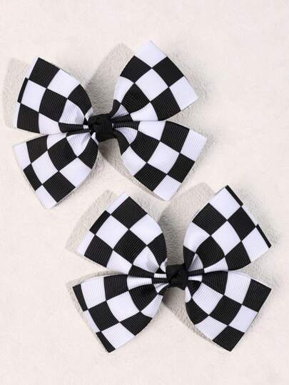 2 st Småbarn Flickor hårstrån , Svart & Vit Rutigt hår rosetter , Grosgrain Ribbon Hårnålar , Alligator hårklämma , Barn Tonåringar Håraccessoarer , Fashion Street hårspännen
