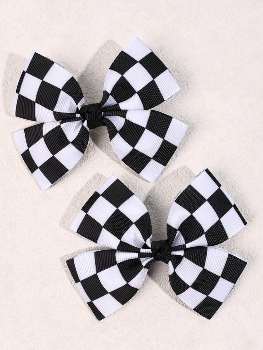 2 件装幼儿女孩发夹，黑白格子发夹，罗缎丝带发夹，鳄鱼发夹，儿童青少年发饰，时尚街头发夹 - 彩色 - 查看 1