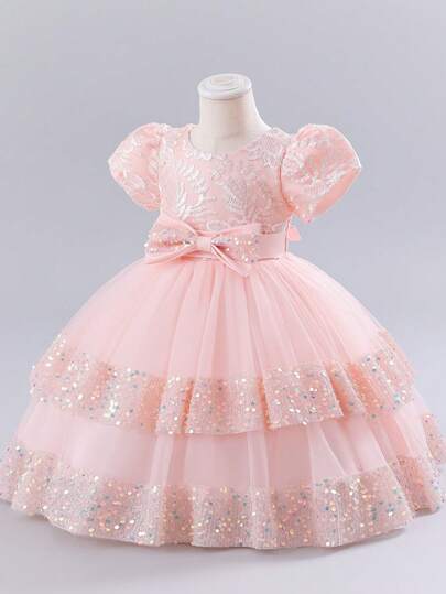 Hibobi Vestido de princesa de niña de manga corta con mangas abullonadas vestido con gran lazo en la cintura y dos dobladillos con