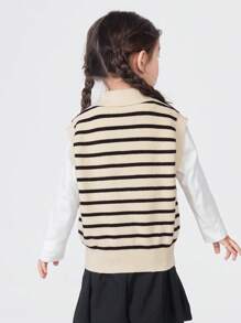 Balabala 女童背心、少女针织秋季条纹 Polo 衫、无袖学院风内衣 - 黑與白 - 查看 2