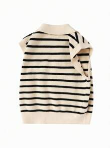 Balabala 女童背心、少女针织秋季条纹 Polo 衫、无袖学院风内衣 - 黑與白 - 查看 5