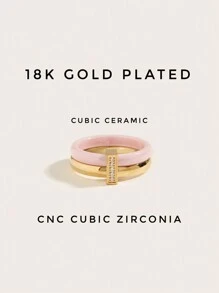1枚18K镀金不锈钢陶瓷CNC立方氧化锆戒指，女士珠宝，婚礼派对约会礼物 - 金色和粉紅色 - 查看 6
