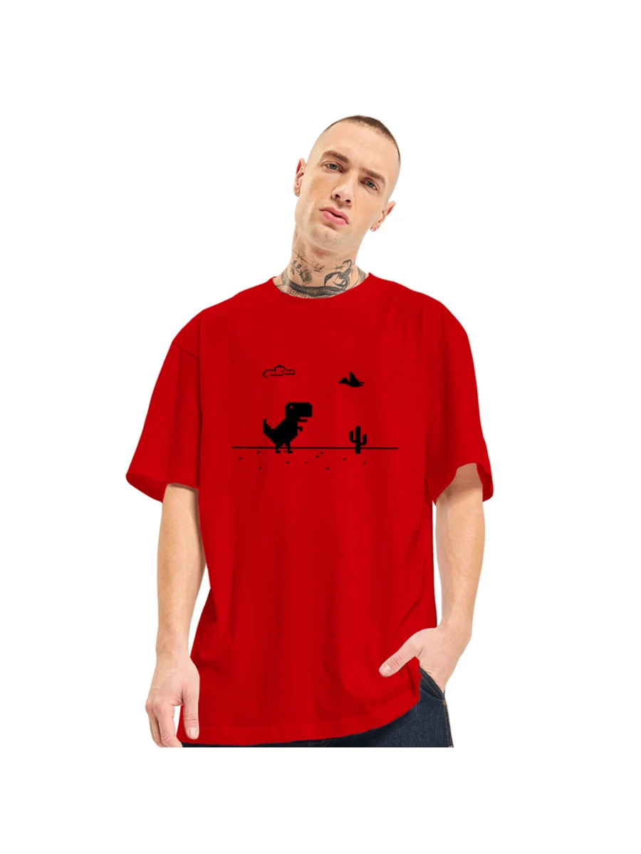Oversized Dinosaur T-Shirt Internet Error Game Game - 紅色 - 查看 1