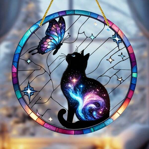 1pc Galaxy Cat & Butterfly Suncatcher - 5.9"X5.9" Acrylic Stained Glass Window Hanging, Perfect For Indoor/Outdoor Decor, Porch, Patio, Garden, Office, And Room - Ideal Birthday Gift For Friends And Family,Home Decor ,Room Decor,Wall Decor Gifts Graduation