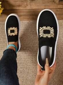 Herfst/Winter Nieuwe Ronde Neus Dikke Zool Casual Ademende Comfortabele Gebreide Loafers Voor Vrouwen, Plus Size