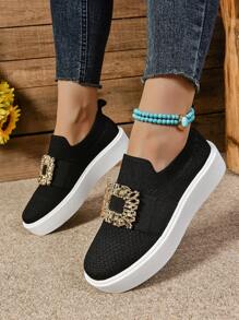 Herfst/Winter Nieuwe Ronde Neus Dikke Zool Casual Ademende Comfortabele Gebreide Loafers Voor Vrouwen, Plus Size