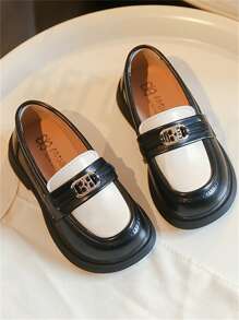 Children's Leather Shoes, New Autumn Spring Design, Black & White Contrast, British Style Princess Shoes, Non-Slip & Wear-Resistant, Slip-On Flat Loafers For Girls - Black - View 1