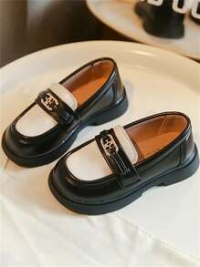 Children's Leather Shoes, New Autumn Spring Design, Black & White Contrast, British Style Princess Shoes, Non-Slip & Wear-Resistant, Slip-On Flat Loafers For Girls - Black - View 4