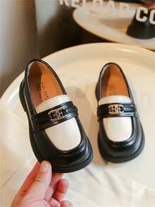 Children's Leather Shoes, New Autumn Spring Design, Black & White Contrast, British Style Princess Shoes, Non-Slip & Wear-Resistant, Slip-On Flat Loafers For Girls - Black - View 5
